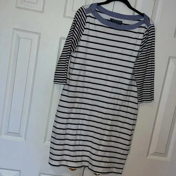 Tommy Hilfiger Blue White Striped Crew Neck Casual Dress Size Large - Picture 1 of 11